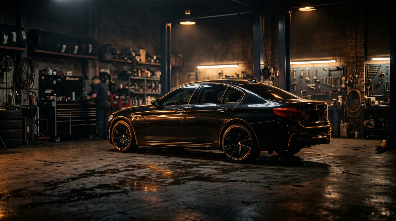Black sedan parked inside the Blackcat Auto garage under warm lighting